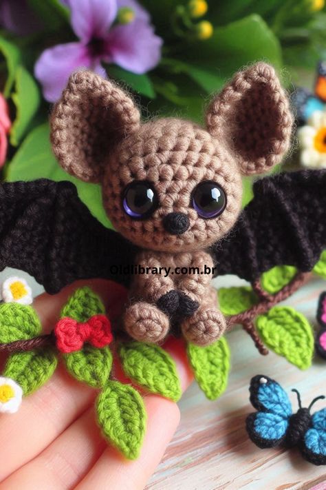 Create an adorable amigurumi crochet bat with big eyes. Follow this easy crochet pattern for a fun and whimsical project! Amigurumi Bat, Bat Ears, Crochet Bat, Bat Pattern, Cute Bat, Toy Pattern, Crochet Toy, Amigurumi Free, Crochet Toys Patterns