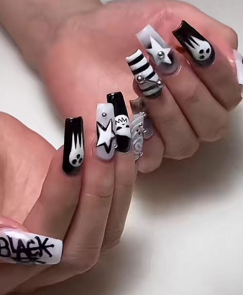 Scene Acrylic Nails, Emo Acrylic Nails, Soul Eater Nails, Manga Nails, Punk Nails, Anime Nails, Diy Acrylic Nails, Baby Nails, Blush Nails