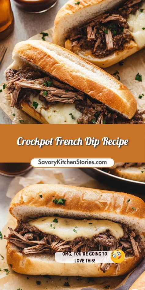 Craving a hearty sandwich that requires minimal effort? Our Crockpot French Dip Recipe delivers mouthwatering flavors with just a few ingredients! Let your slow cooker do the work while you enjoy tender, juicy meat. Don’t forget to save this recipe for your next cozy meal night! French Dip Recipe Crock Pot, French Dip Chuck Roast Crock Pot, Recipes With Au Jus Gravy, Crockpot French Dip Sandwiches Au Jus, Crockpot Meat Ideas, Beef Dip Crock Pot, Crockpot Dips For Parties, Crock Pot Sandwich Recipes, Crock Pot Appetizers