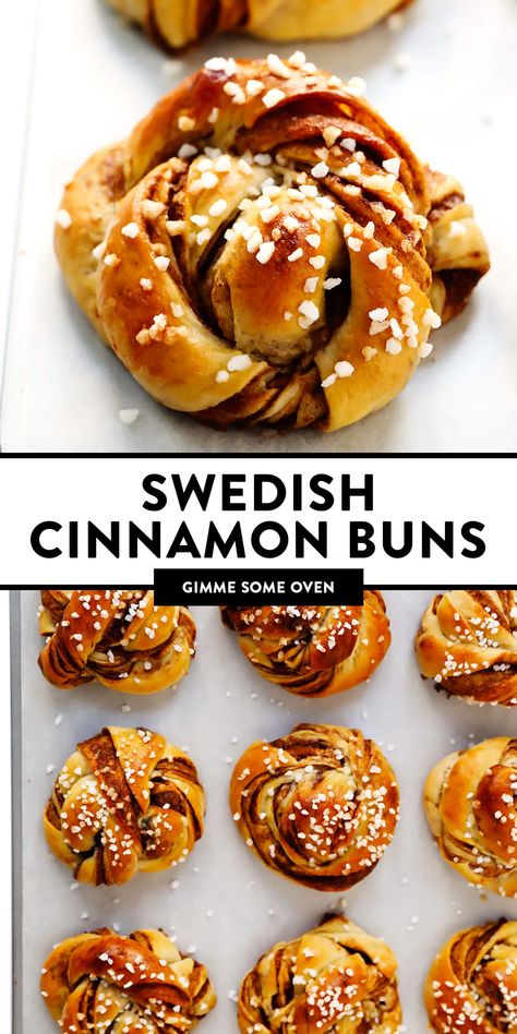 This traditional Swedish kanelbullar (cinnamon buns) recipe is made with a perfectly soft and chewy cardamom dough, a buttery cinnamon-sugar filling, and twisted into cute little knots. Top these rolls with crunchy sweet pearl sugar or any type of sugar that you have on hand! | gimmesomeoven.com #swedish #cinnamon #buns #rolls #breakfast #brunch #sweet #vegetarian #vegan Kanelboller Recipe, Swedish Food Recipes, Swedish Desserts, Yule Party, Swedish Baking, Swedish Cinnamon Buns, Cinnamon Buns Recipe, Cinnamon Bun Recipe, Swedish Food