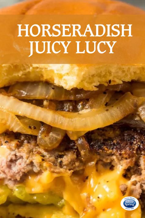 We gave the classic Juicy Lucy a Zing-tastic twist! 🍔✨ This feel-good recipe gets a spice boost by adding Silver Spring Prepared Horseradish to the patty mixture. The key is folding two slices of American cheese into the middle of each patty before grilling.Top it off with your favorite Silver Spring mustard for the ultimate flavor explosion. #Burger #JuicyLucy #Horseradish #GiveItZing #Mustard Juicy Lucy Burger Recipe, Horseradish Recipes, Spring Foods, Juicy Lucy Burger, Juicy Lucy, Prepared Horseradish, Burger Sliders, Burger Recipe, American Cheese