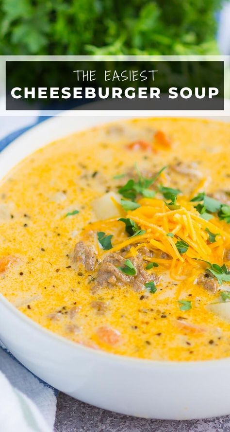 Easy Cheeseburger Soup is thick, creamy, and loaded with deliciousness. With the classic flavors of your favorite cheeseburger, this simple soup is the ultimate comfort dish! #soup #cheeseburgersoup #cheeseburgersouprecipe #cheeseburger #souprecipes #easysouprecipes #dinner #dinnerrecipes Cheesy Soups, Easy Cheeseburger Soup, Soups Crockpot, Beef Soups, Stews Recipes, Cheese Burger Soup Recipes, Simple Soup, Cheeseburger Soup, Recipes Soup