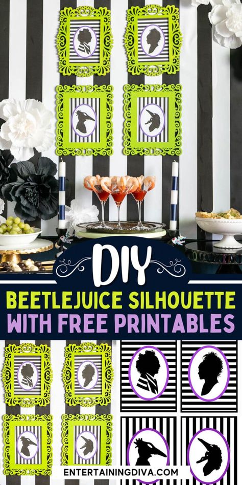 DIY Beetlejuice Silhouette With Free Printables Featuring Pictures. | Holidays and events Beetlejuice Crafts For Kids, Beetlejuice Jack O Lantern, Beetlejuice Free Printables, Beetlejuice Bulletin Board, Beetlejuice Party Games, Beetlejuice Backdrop, Beetlejuice Printables, Beetlejuice Office Decorations, Beetlejuice Door Decoration