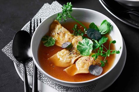 Ravioli en brodo (chicken ravioli broth) - Recipes - delicious.com.au Ravioli En Brodo, Chicken Ravioli, Gastronomic Food, Heritage Chickens, Ravioli Filling, Wholesome Meals, Cooking At Home, Recipes Delicious, Chicken Meat