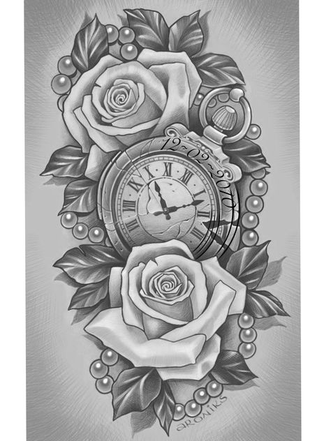 Time Clock Tattoo, Half Sleeve Rose Tattoo, Tattoo Medusa, Dots Tattoo, Clock And Rose Tattoo, Watch Tattoo Design, Leg Sleeve Tattoos, Tattoos Butterfly, Rose Clock