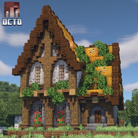 Medieval Manor Minecraft, Minecraft Rustic House Ideas, Medevil Houses Minecraft, Old Mansion Minecraft, Pretty Minecraft Farm, Minecraft Chapel Ideas, Minecraft Spruce Mansion, Minecraft House Styles, Minecraft Medium House