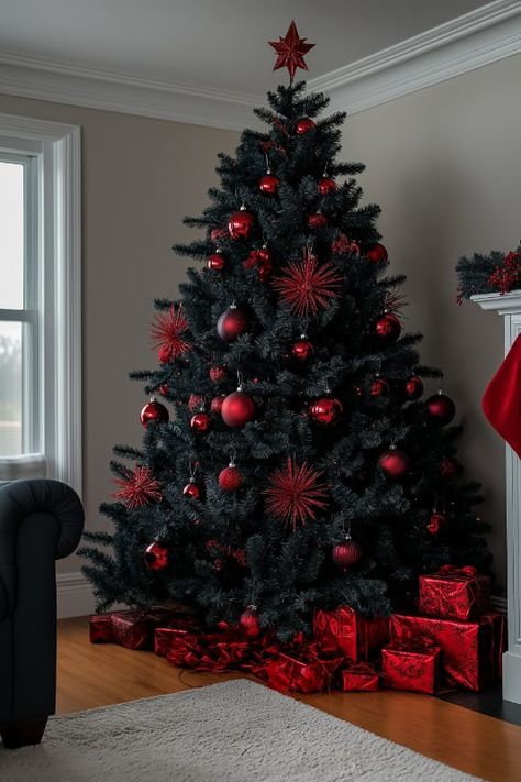 25 Black Christmas Tree Decorations: Stylish Ideas To Try Black Christmas Tree Red Decorations, Red Black Christmas Decor, How To Decorate A Black Christmas Tree, Black Christmas Tree With Red Ornaments, Christmas Tree Black Ornaments, Upside Down Christmas Tree Ideas, Black Christmas Tree Decorations Ideas, Black And Red Christmas Tree, Red And Black Christmas Tree