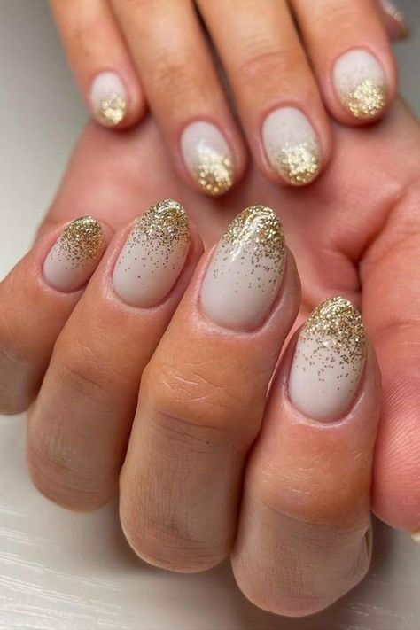 White And Gold Nails Ombre, White Nails With Gold Glitter Tips, White Nails With Gold Sparkles, French Manicure With Gold Glitter, Gold Glitter Manicure, White With Gold Glitter Nails, Milky White Gold Nails, Pink With Gold Glitter Nails, Gold And White Nails Ideas