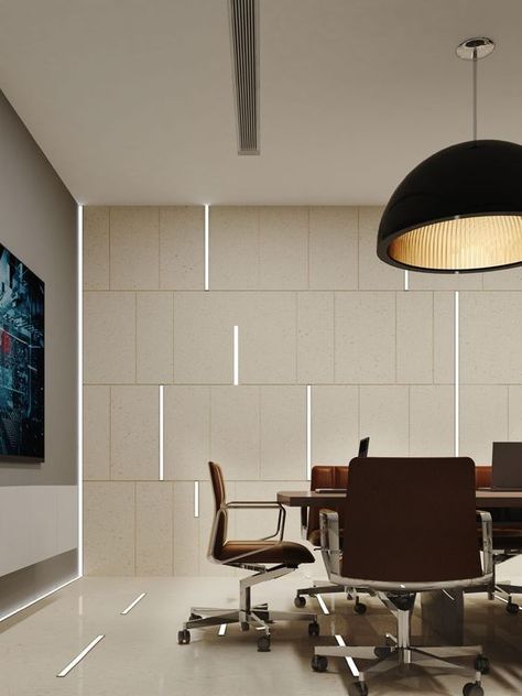 Trendy Office Space LED Lighting Design Ideas - L' Essenziale Boardroom Wall Design, Office Back Wall Design, Wall Office Design, Wall Design Office, Office Wall Design Ideas, Office Wall Ideas, Modern Office Lighting, Office Lighting Design, Contemporary Office Design