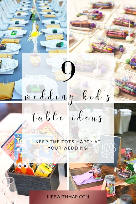 If you're wedding planning and decided to allow kids, then you definitely need to check out this list full of cute kid's wedding table ideas! How to entertain kids at a wedding is easy when you give them cute kid wedding crafts, kid-friendly wedding food and much more. Click to see these wedding kid's table ideas and activities. Wedding Kids Activity Table Ideas, Kid Friendly Wedding Activities, Kids Activity Table Wedding, Wedding Entertainment For Kids, Kid Table Wedding, Kid Area At Wedding Receptions, Kids Table At Wedding Reception, Kids Wedding Table Ideas, Kids Corner At Wedding