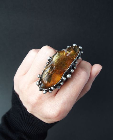 Handmade Amber Ring With Spiritual Style, Vintage Amber Ring Jewelry, Handmade Bohemian Amber Rings, Unique Amber Ring Jewelry, Handmade Spiritual Amber Ring, Vampire Ring, My Things, Big Stone Ring, Silver Gold Jewelry