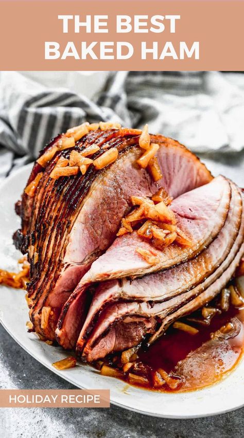 Baked ham with a pineapple glaze, great for Easter holiday meals. Baked Spiral Ham, Honey Yeast Rolls, Honey Ham Biscuits, Pineapple Glazed Ham, Brown Sugar Glazed Ham, Baked Ham With Pineapple, Holiday Ham Recipes, Ham Glaze Brown Sugar, Ham Recipes Baked