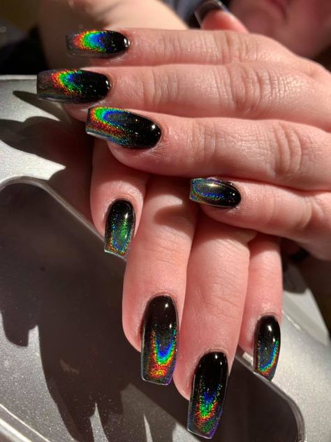 A look at our Galaxy Color Way Acrylic Full Set Sparkly Holographic Nails, Black Holographic Nail Designs, Gel Full Set Nails, Black Rainbow Cat Eye Nails, Chrome Dip Nails Designs, Easy Acrylic Nails, Black Holographic Nails, Dark Ombre Nails, Techno Nails