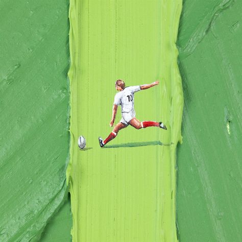 Normally I have a pretty good idea of what I want to paint on my artworks but this time I was clueless. I created the background using two different shades of green in two different styles; the first being very dynamic and full of random strokes and the second green was simply straight. It looked like a football field but I wasn’t 100% set on painting more football players so I went for something closer to home: rugby. I wanted to paint one player from the three nations in which rugby is b... Football Field Painting, Different Shades Of Green, Football Field, A Football, Clueless, What I Want, Pretty Good, Football Players, Artist Studio