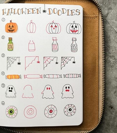 Halloween Journal Ideas Aesthetic, Halloween Journal Ideas, Halloween Notes, Bullet Journal Halloween, Easy Halloween Drawings, Fall Doodles, Calendar Doodles, Doodles Halloween, Halloween Doodles