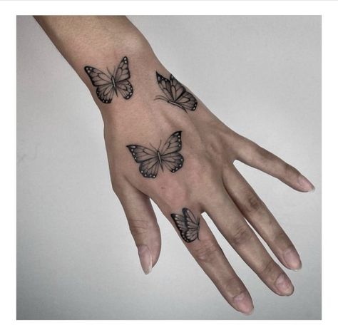 Butterflies Hand Tattoo, Butterfly Hand Tattoo For Women, Small Baddie Tattoos, Hand Butterfly Tattoo, Butterfly Tattoo Hand, Tattoos Baddie, Arm Wrap Tattoo, Baddie Tattoos, Butterfly Tattoo Stencil