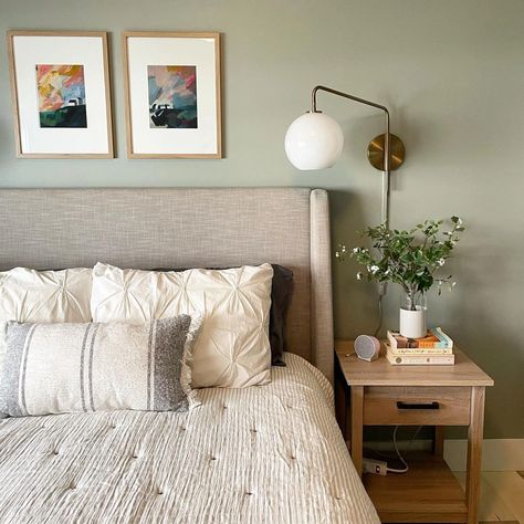 Escape Gray, Grey Headboard, Plaid Pillow, Linen Quilt, Spare Bedroom, Bedroom Refresh, Master Bedrooms Decor, Sherwin Williams, Guest Bedroom