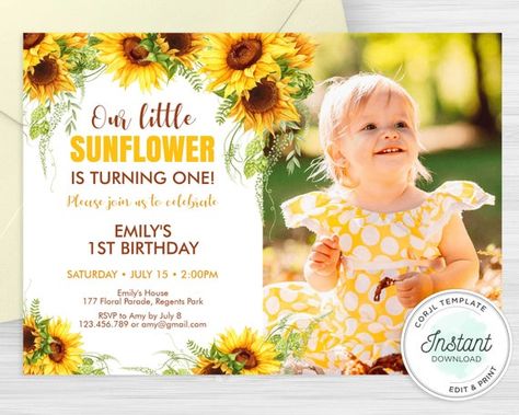 Editable Sunflower Birthday Invitation Template, Floral First Birthday Invite - SUN01 Sunflower First Birthday Invitation, Sunflower Themed Party, Sunflower First Birthday, Sunflower Birthday Parties, Floral First Birthday, Sunflower Invitations, Sunflower Birthday, First Birthday Invite, Sunflower Theme