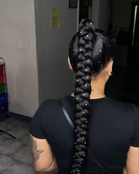 Ponytail Braid With Rhinestones, Braided Ponytail Rhinestones, Braided Ponytail Hairstyles With Jewels, Barbie Ponytail With Pearls, Slick Back High Braided Ponytail, Rhinestone Ponytail Braid, Braided Ponytail With Accessories, Beyonce Concert Hairstyles, Pearls In Hair Ponytail