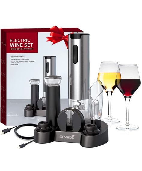 GenieX Electric Wine Opener with charging base, Automatic Wine Opener Electric Corkscrew rechargeable with 7-in-1 wine accessories, Cool Kitchen Gadgets & Deluxe gifts for wine lovers#affiliatelink #ad Wine Gadgets, Wine Bottle Stand, Pouring Wine, Wine Aerator, Electric Wine Opener, Wine Preserver, Wine Glass Crafts, Wine Display, Wine Set