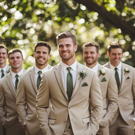 Sage Green Bridal Party Ideas: Trendy Tips for a Stunning Look - Yeah Weddings Grey Wedding Suit With Sage Green, Green Bridesmaid Tan Groomsmen, Beige Suit Green Tie Wedding, Wedding Sage Green And Champagne, Groom Attire Sage Green, Tan Suit With Olive Green Tie, Grey And Sage Green Groomsmen Attire, Khaki And Green Wedding, Tan Suit With Blue Tie