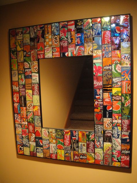 pop cans, found art mirror Pop Can Art, Beer Can Art, Pop Can Crafts, Game Room Ideas, Soda Can Art, Soda Can Crafts, Aluminum Can Crafts, Art Mirror, Bottle Cap Art