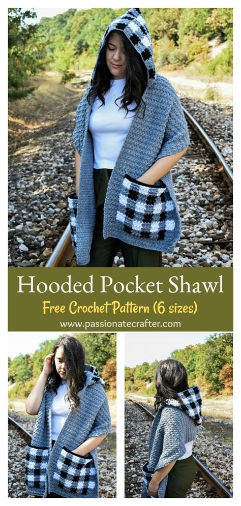 Hooded Pocket Shawl Crochet Patterns Hooded Crochet Shawl, Hooded Scarf Pattern, Crochet Patterns Ideas, Pocket Shawl, Crocheted Stuff, Crochet Pocket, Crochet Shawl Pattern Free, Colorful Crochet, Shawl Crochet