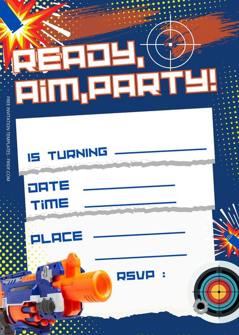 FREE Nerf Gun Birthday Invitation Templates Nerf Birthday Invitations, Nerf Party Invitations, Birthday Party Invitations Free, Nerf Birthday Party, Nerf Party, Diy Kids Games, Boy Birthday Decorations, Free Invitation Templates, Birthday Invitations Girl