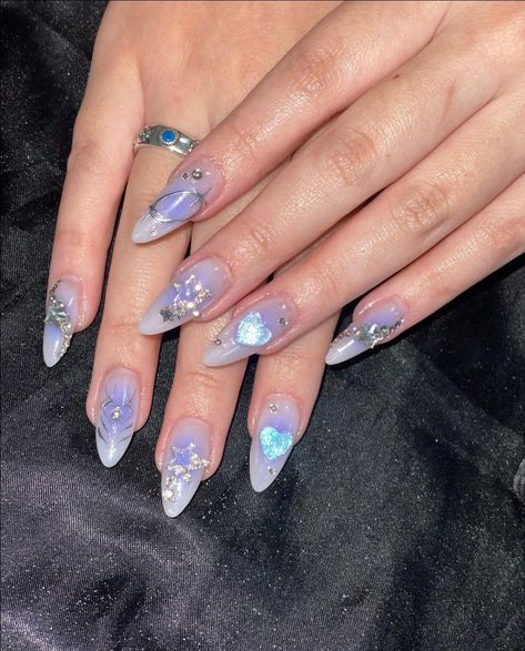 Shinny Nails Ideas, Purple Japanese Nails, Dreamy Blue Nails, Blue Irridescent Nails Acrylic, Purple Aurora Nails, Light Blue Nails With Charms, Douyin Nails Purple, Korean Purple Nails, Purple Blush Nails