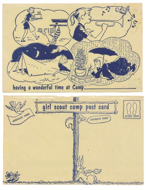 Vintage Girl Scout Camp Postcard Vintage Camp Aesthetic, Camp Postcard, Girl Scouts History, Girl Scout Camp, Camp Letters, Camp Collection, Camp Fire Girls, Grape Painting, Scout Crafts