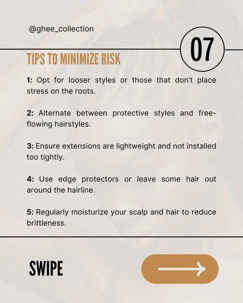 Wondering if your favorite hairstyle could cause traction alopecia? Here's a quick guide: 💡 If the style pulls your edges, feels tight, or causes pain, it’s too much tension. ⏱️ Traction alopecia can start in weeks with constant tension, so listen to your scalp! Protect your hairline by alternating styles, loosening up tight braids, and giving your scalp breaks. Prevention is key—your edges will thank you! 💆‍♀️✨ FOLLOW @ghee_collection for more. Visit our website: www.Gheecollection.com o... Traction Alopecia, Tight Braids, Favorite Hairstyles, Free Flowing, Quick Guide, Ghee, Protective Styles, Too Much, Braids