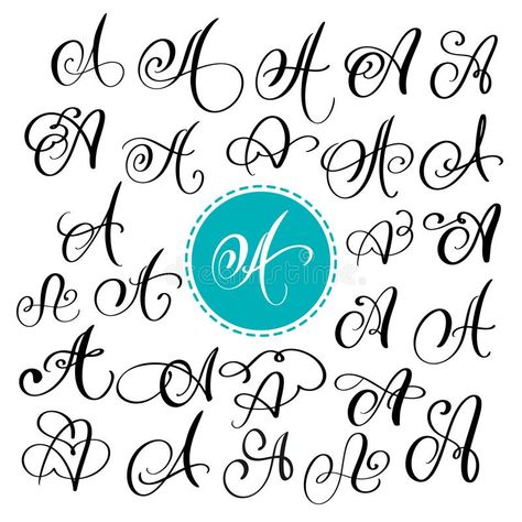 Set of Hand drawn vector calligraphy letter A. Script font. Isolated letters written with ink. Handwritten brush style stock illustration Lettering Alphabet Handwritten, Calligraphy Fonts Handwritten, Logo Packaging Design, Calligraphy Letters Alphabet, Cursive Alphabet, Handwriting Alphabet, Hand Lettering Art, Hand Lettering Fonts, Hand Lettering Alphabet