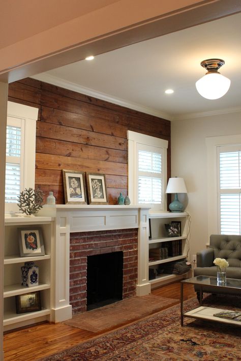 Exposed ship lap. Living Rooms With Shiplap, Knotty Pine Accent Wall, Pine Accent Wall, Entry Inspiration, Shiplap Living Room, Knotty Pine Walls, House Renovation Design, Panel Walls, Craftsman Fireplace