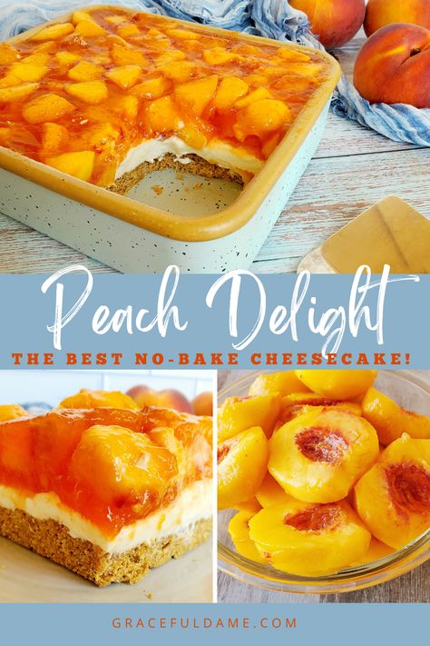 Peach Delight - The Graceful Dame Fresh Peach Cheesecake, Graham Dessert, Peach Delight, Peach Cheesecake, No Bake Summer Desserts, Peach Dessert Recipes, Baked Peach, Peach Desserts, Layered Desserts