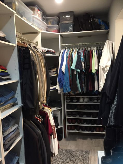 We love our new walk-in closet! The storage is just what we needed! Closet Full Of Clothes Men, Organized Closet Aesthetic Walk In, Mens Closet Aesthetic, Man Walk In Closet, Grunge Walk In Closet, Men Closet Aesthetic, Men Walk In Closet, Mens Wardrobe Closet, Men’s Closet