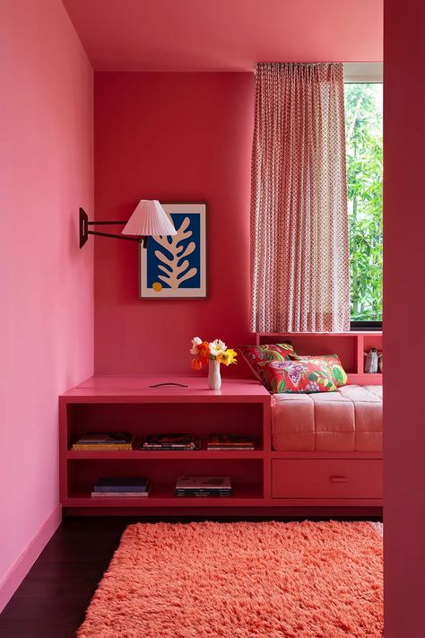 A Convertible Media Room Is at the Heart of This Modern Prefab House | AD Middle East Interiors 2024, Colour Furniture, Coloured Walls, Violet Room, Colored Walls, Pink Rooms, Prefab Home, Nick Nacks, Modern Prefab Homes