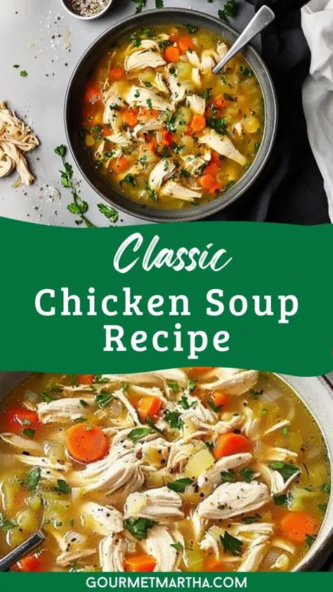 Warm your soul with this classic chicken soup recipe! Packed with tender chicken, fresh vegetables, and savory broth, it's the ultimate comfort food for chilly days or when you're feeling under the weather. This homemade chicken soup is a timeless dish everyone will love. Ready to cook? Click for the recipe! #chickensoup #chickensouprecipe #comfortfood #souprecipes #easyrecipes #homemadesoup #fallrecipes #heartymeals #healthyrecipes Stovetop Chicken Soup Recipes, Simple Chicken Broth Soup, Best Chicken Soup Recipe For Colds, Chicken Vegetable Soup Recipes Homemade, Chicken Broth Recipes Meals, Vegetable Chicken Soup Recipes, Best Chicken Soup Recipes Homemade, Chicken Soup Recipes Homemade Healthy, Heart Healthy Soup Recipes