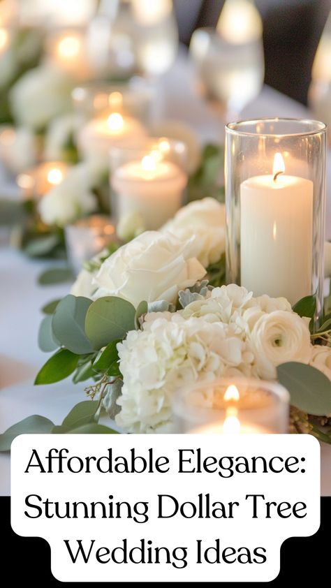 A budget-friendly wedding table setting with elegant Dollar Tree decorations, including DIY centerpieces, candles, and floral arrangements. No Candle Centerpieces Wedding, Wedding Centerpieces Without Candles, Fake Flowers Centerpieces Wedding, Low Rose Centerpieces, Wedding Centerpieces On Round Tables, Simple Cheap Wedding Decorations, Blush Wedding Theme Table Settings, Affordable Fairytale Wedding, Head Table With Lanterns