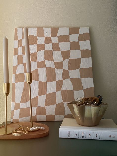 neutral checkerboard painting canvas neutral aesthetic Aztec home dupe psychedelic art vintage bowl brass candle holder style desk Plaid Canvas Painting, Neutral Canvas Painting Diy, Canvas Painting Trendy, Square Canvas Acrylic Painting, Checkerboard Painting Ideas, Checkered Painting Ideas Canvas, Trendy Canvas Painting Ideas, Checkered Canvas Painting, Diy Home Paintings Canvas