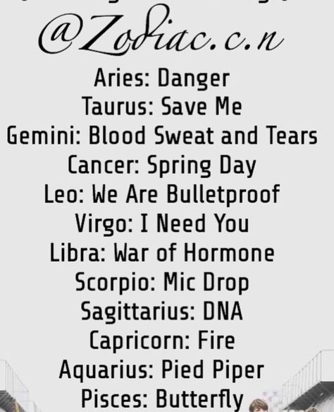 zodiac signs as BTS songs!!! Bts Zodiac Signs, Bts Songs, Leo Gemini, Gemini Taurus, Zodiac Funny, Scorpio Horoscope, Zodiac Signs Sagittarius, Zodiac Signs Pisces, Aries Leo