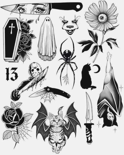 3x3 Tattoos, 3x3 Tattoos Ideas, Halloween Tattoo Flash, Halloween Flash, Goth Tattoo, Tattoo Outline Drawing, Tattoo Practice, Scary Tattoos, Summer Nails 2023