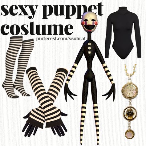 black text saying "sexy puppet costume" is at the top of the image. there is a picture of "puppet" from fnaf, and it is surrounded by various clothing and accessories needed to recreate this character's "look." all clothing items and accessories are listed in the pin description. Marinette Fnaf Cosplay, Fnaf Costume Cute, Fnaf Usernames, Fnaf Costume Halloween, Fnaf Puppet Costume, Puppet Fnaf Costume, Fnaf Puppet Makeup, The Puppet Fnaf Cosplay, Fnaf Marionette Costume