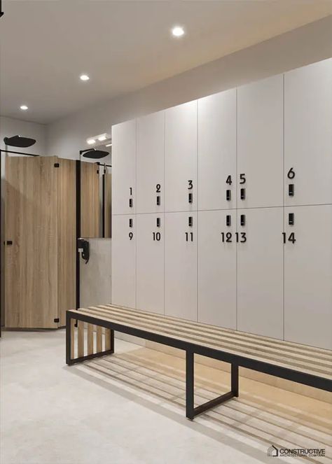 Pool Locker Room Design, Small Gym Locker Room Design, Beautiful Gym Interior, Spa Changing Room, Spa Lockers, Modern Gym Interior Design, Modern Lockers, Spa Locker Room, Lockers Design