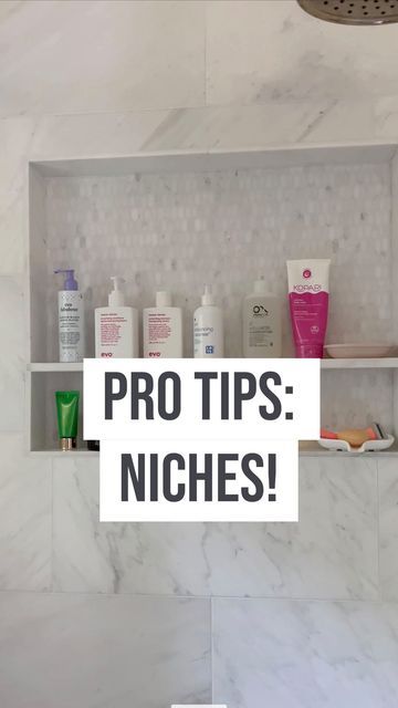 Amy Vermillion Interiors on Instagram: "📐PRO TIPS: Niche Edition! What size, where to locate and details on that toe niche for shaving! Design: @amyvermillioninteriors" Decorative Tile Shower Niche, Foot Niche For Shaving, Shower Niche Below Shower Head, Shower Niche For Leg Shaving, Tub Niche Placement, Shower Niche Placement With Tub, Shaving Niche, Shaving Niche Foot Rest, Shower Niche Size