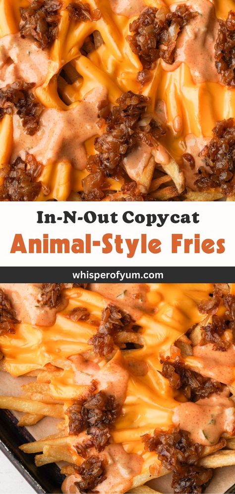 Animal style fries, in-n-out copycat. Shoe-string fries topped with melted American cheese, in-n-out sauce, caramelized onions In N Out Burger Animal Style Fries, In N Out Spread Recipe, Fast Food At Home Recipes, In And Out Spread Recipe, In And Out Sauce, In N Out Sauce, How To Carmalize Onions, Fries At Home, Animal Style Fries