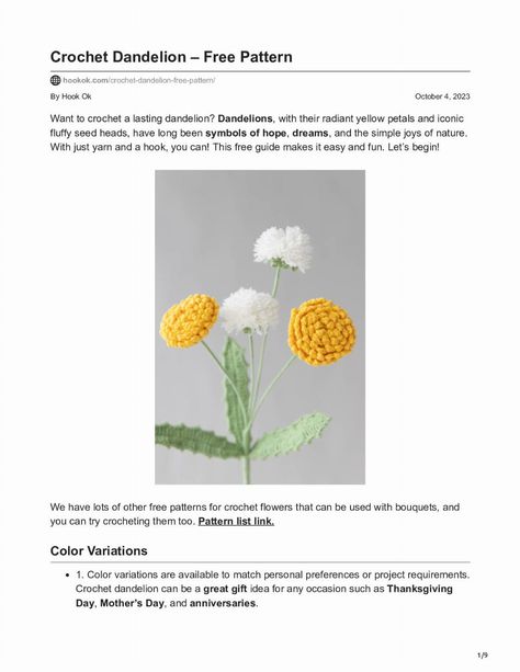 Crochet Dandelion Pattern Free, Crochet Dandelion, Flower Crochet Pattern, Dandelion Flower, Flower Crochet, Rapunzel, Crochet Flowers, Crochet Pattern, Free Pattern