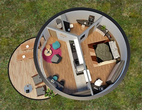 modern round house design on Behance Round House Design, Decks Designs, Round House Plans, Octagon House, Circle House, Silo House, Round Building, Geodesic Dome Homes, Tiny House Loft