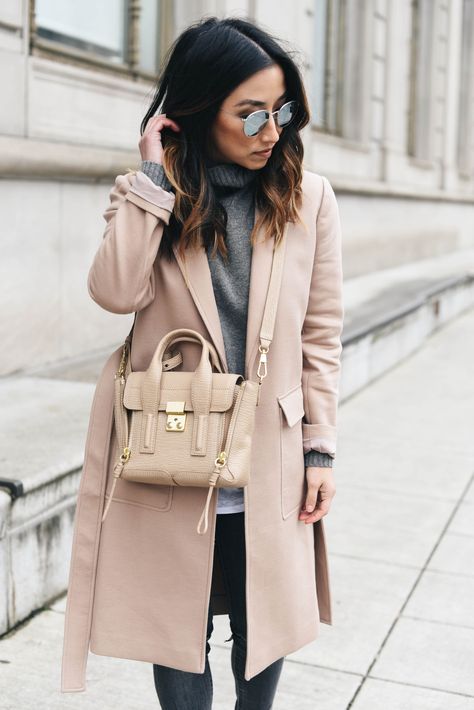 Nude Blush Coat | Winter Fashion Cocoon Coat Outfit, Philip Lim Bag, Jackets For Spring, Ladies Closet, Suede Jacket Outfit, Moto Jacket Outfit, Teresa Caruso, Peplum Coat, Phillip Lim Bag