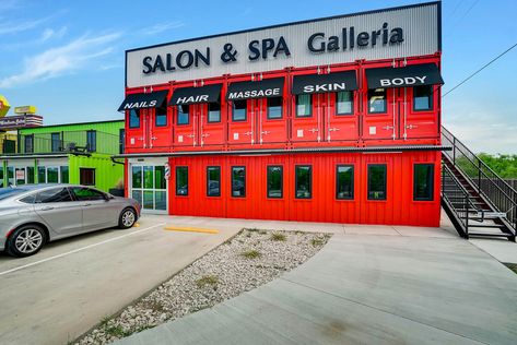 Salon suites and hair/makeup stations inside of shipping container buildings Container Hair Salon, Shipping Container Salon, Container Business, Shipping Container Buildings, Small Salon, Salon Design Ideas, Container Shipping, Shipping Container Architecture, Makeup Station