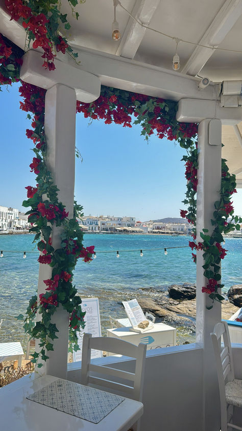 Living In Greece, Greece Aesthetic, Greek Restaurant, Greek Restaurants, The Ocean, Pink Flowers, Greece, Restaurant, Flowers